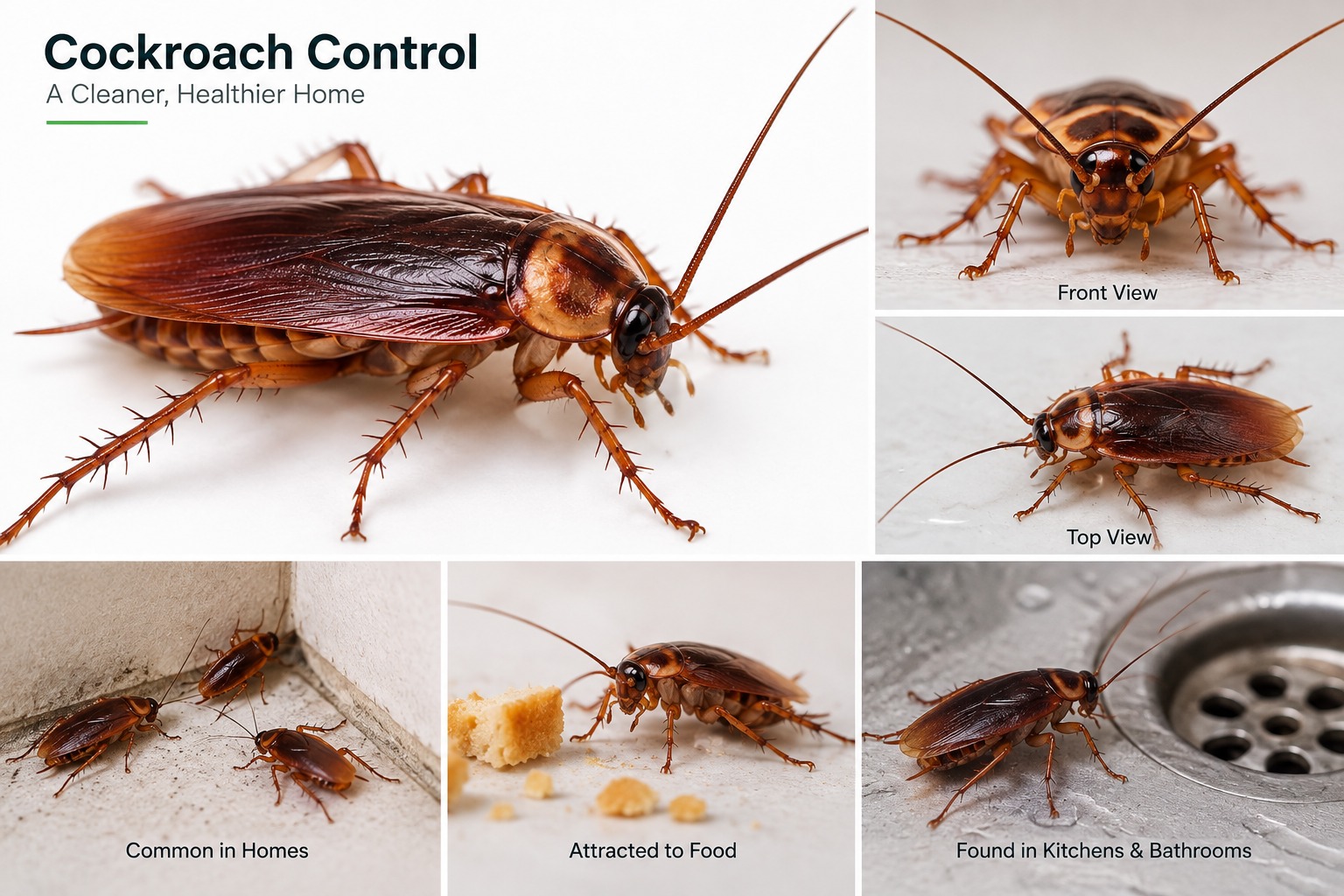Cockroach identification guide showing a close-up and common places cockroaches appear in homes
