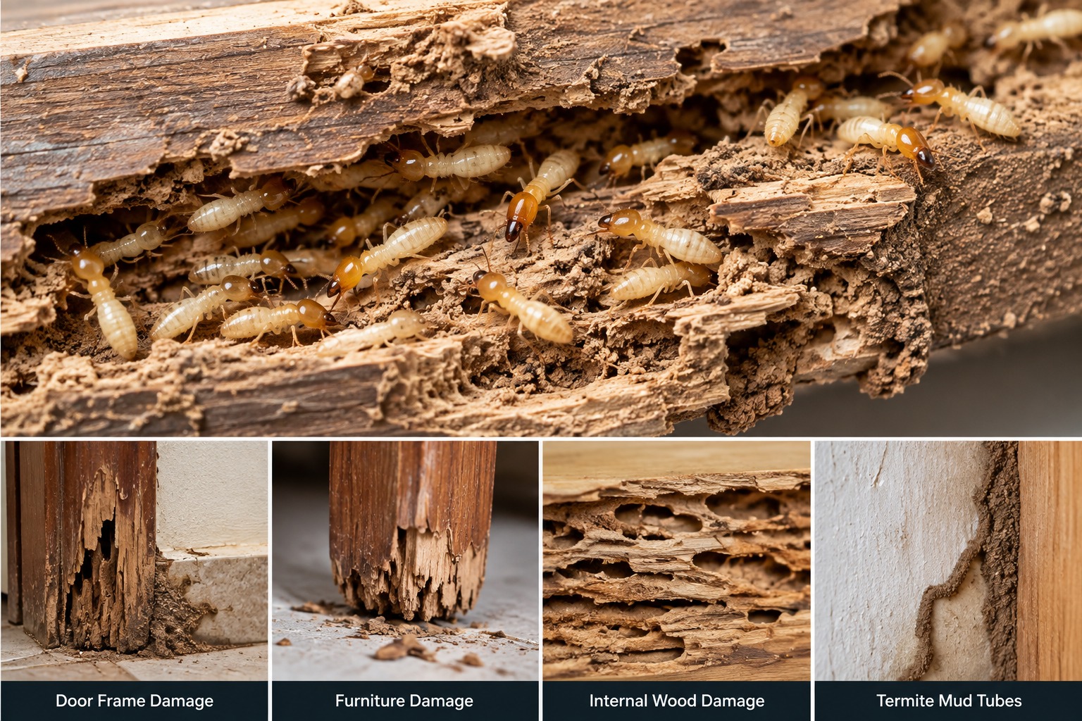 Termite identification guide showing a colony, damaged wood and mud tubes