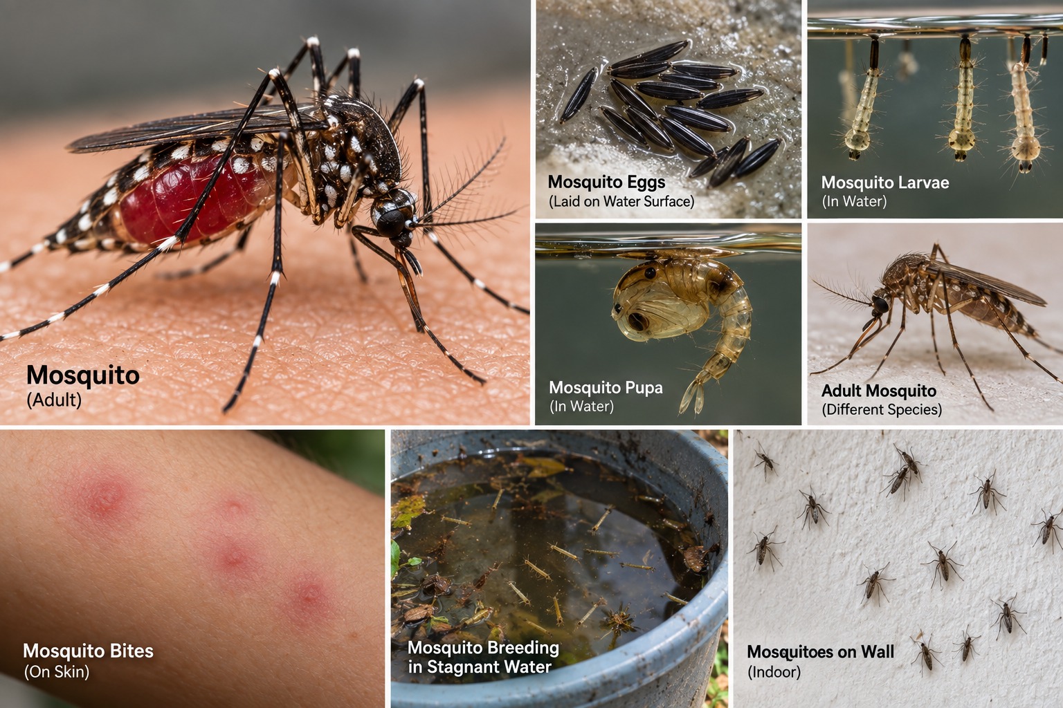 Mosquito identification guide showing adults, larvae, breeding water and bites