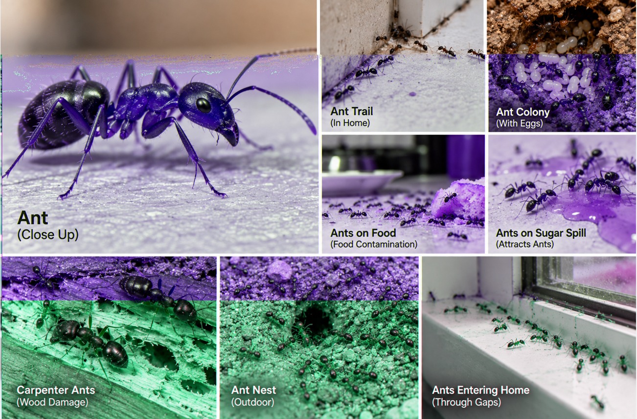 Ant identification guide showing trails, colonies, food contamination and entry points